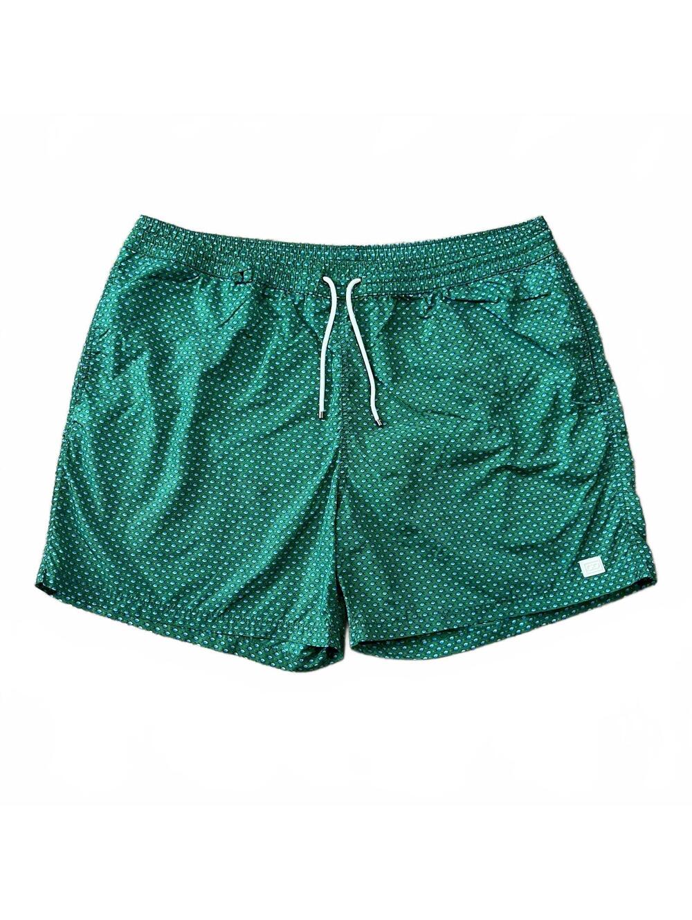 Salvatore Ferragamo Men Swim Trunks Size 54 Green Blue Micro Mini Fish Print EUC